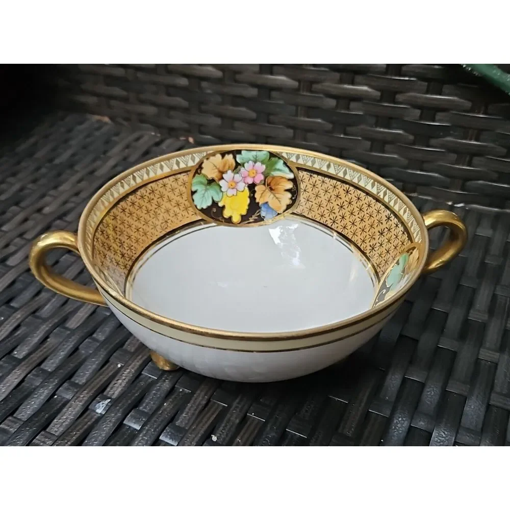Hand Painted Nippon BLACK‎ GOLD Floral Footed ART DECO Berry Bowl Morimura